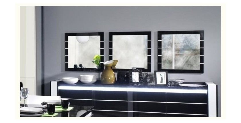 Buffet, bahut, enfilade LINA avec LED + 3 x miroirs. Meuble noir et blanc, idéal pour votre salon ou salle à manger.