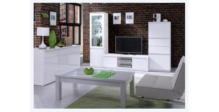 Vitrine petit modèle, bibliothèque FABIO blanc brillant high gloss + LED. Meuble design pour votre salon.