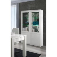 Vitrine, vaisselier, argentier FABIO blanc brillant high gloss + LED. Meuble design pour votre salon ou salle à manger.