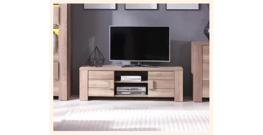 Meuble tv design FARRA couleur chêne. Idéal pour poser votre télévision et meubler votre salon. Deux portes, deux niches