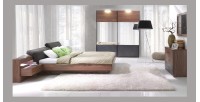 Lit adulte 160x200 collection RENATO. Chevets, LED et sommiers inclus. Coloris noyer et gris.