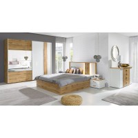 Lit coffre 160x200 adulte design WOOD avec deux chevets. Couleur chêne Wotan et blanc