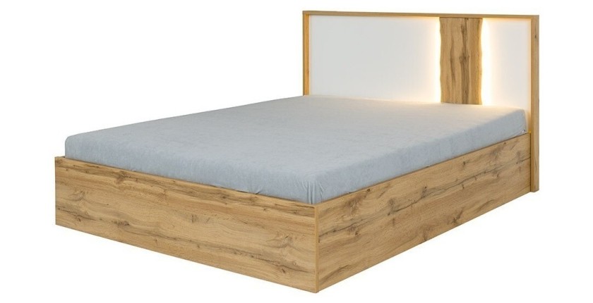 Lit adulte design WOOD avec deux chevets + LED dans la tête de lit.