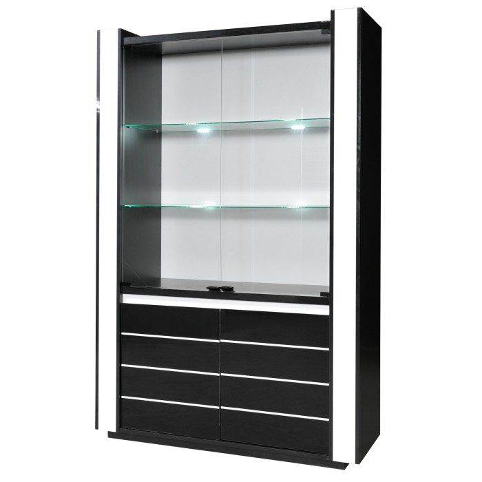 Vitrine argentier vaisselier LINA + LED coloris noir et blanc brillant. Meuble design pour votre salon ou salle à manger