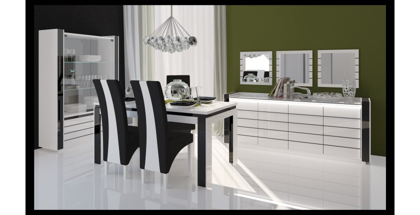 Vitrine argentier vaisselier LINA + LED coloris blanc et noir brillant. Meuble design pour votre salon ou salle à manger.