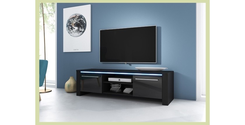 Meuble TV design MANHATTAN 140 cm à 2 portes et 2 niches coloris noir + LED