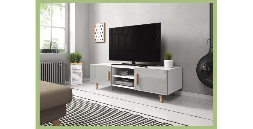 Meuble TV design EDEN II 140 cm, 2 portes et 2 niches, coloris blanc et gris. Type scandinave.