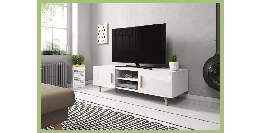 Meuble TV design EDEN II 140 cm, 2 portes et 2 niches, coloris blanc. Type scandinave.