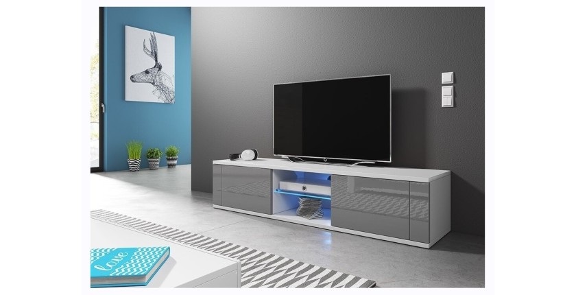 Meuble TV design PARIS-HIT 140 cm, 2 portes et 2 niches, coloris blanc et gris + LED