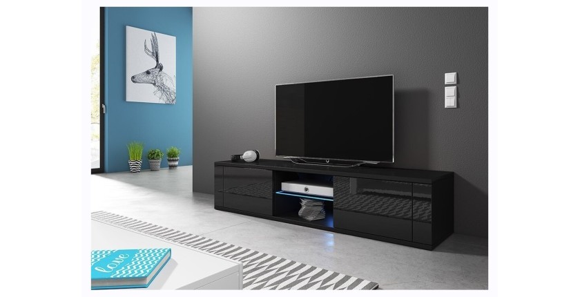 Meuble TV design PARIS-HIT 140 cm, 2 portes et 2 niches, coloris noir + LED