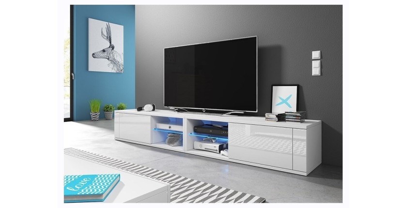 Meuble TV design BREST-HIT XXL 200 cm, 2 portes et 4 niches. Coloris blanc + LED