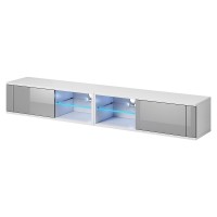 Meuble TV design BREST-HIT XXL 200 cm, 2 portes et 4 niches. Coloris blanc et gris + LED