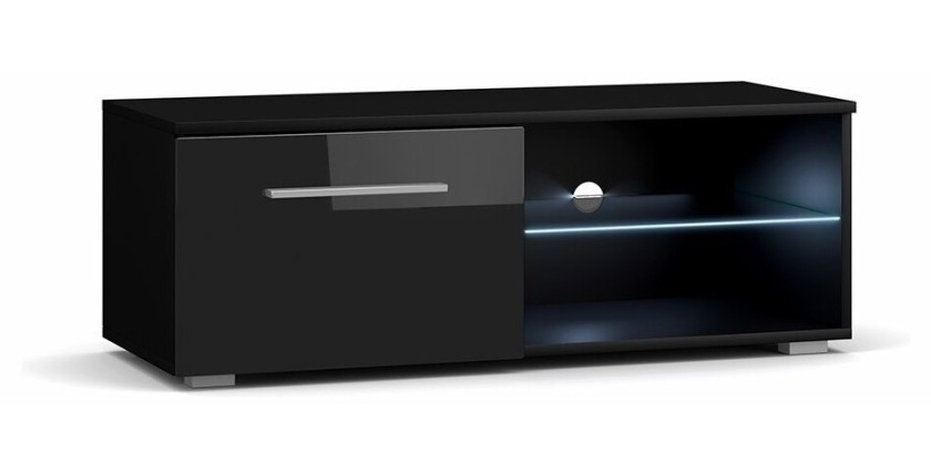 Meuble TV design LEON II 100 cm, 1 porte et 2 niches, coloris noir + LED