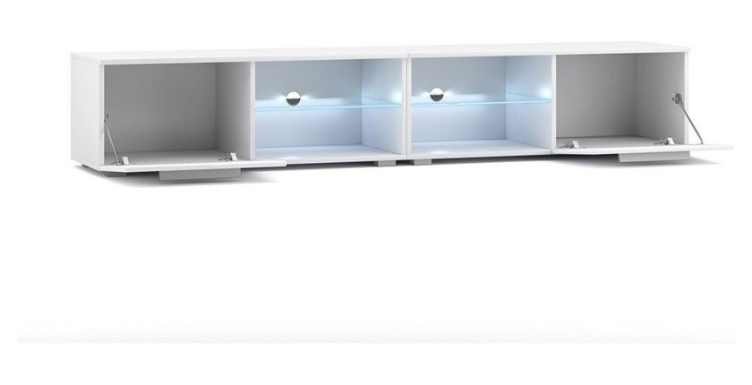 Meuble TV design LEON II XXL, 2 mètres, 2 portes et 4 niches, coloris blanc + LED