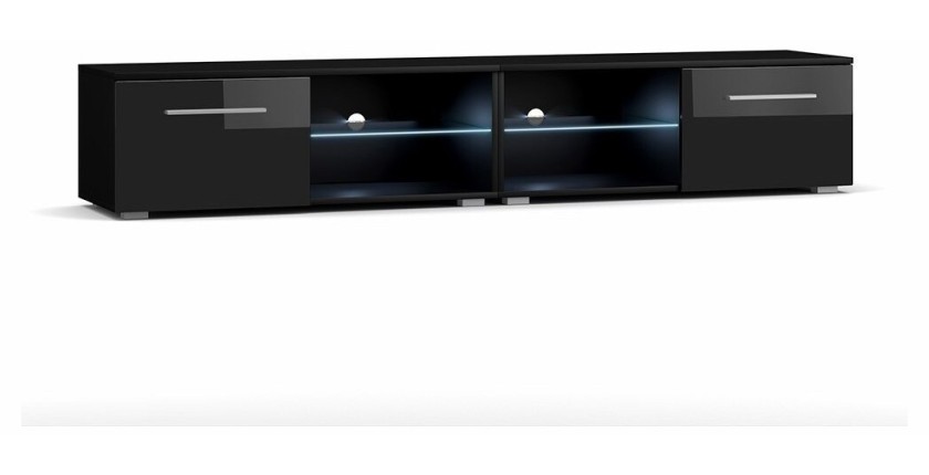 Meuble TV design LEON II XXL, 2 mètres, 2 portes et 4 niches, coloris noir + LED
