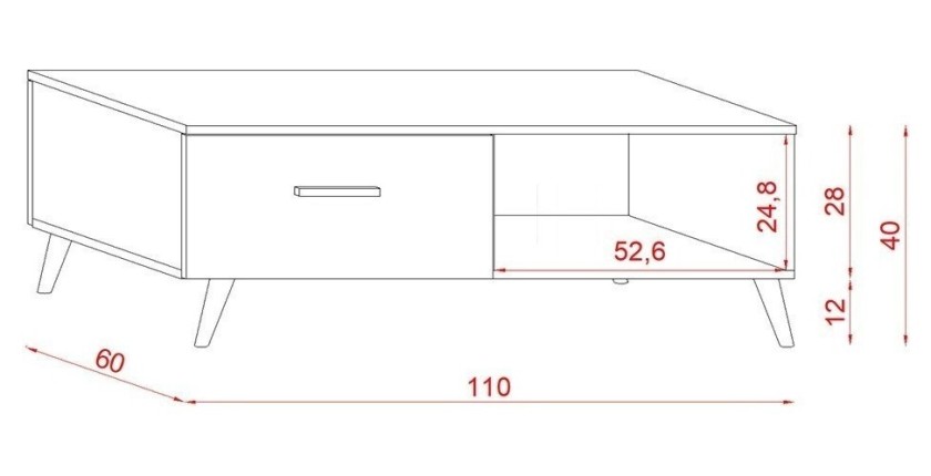 Table basse EDEN 110 cm avec 1 tiroir et 1 niche, coloris blanc.