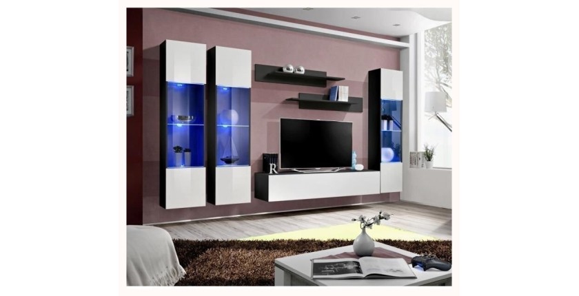 Meuble TV FLY C3 design, coloris noir et blanc brillant. Meuble suspendu moderne et tendance pour votre salon.