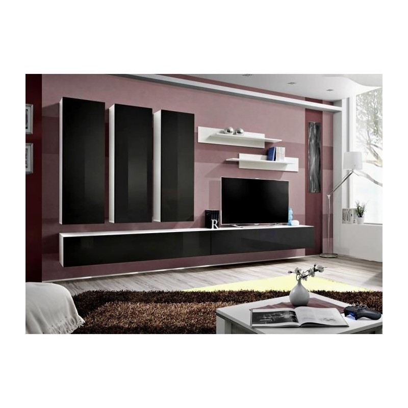 Meuble TV FLY E1 design, coloris blanc et noir noir brillant. Meuble suspendu moderne et tendance pour votre salon.