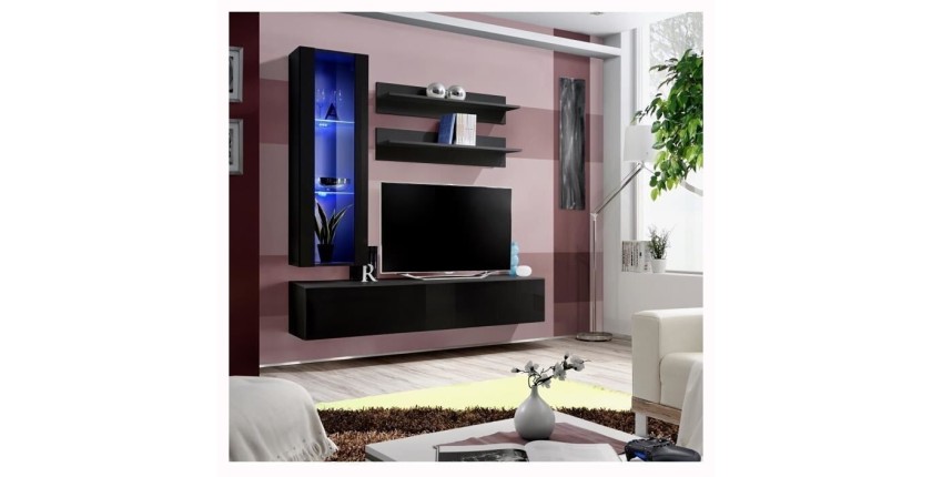 Meuble TV FLY H2 design, coloris noir brillant. Meuble suspendu moderne et tendance pour votre salon.