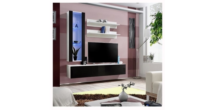 Meuble TV FLY H2 design, coloris blanc et noir brillant. Meuble suspendu moderne et tendance pour votre salon.