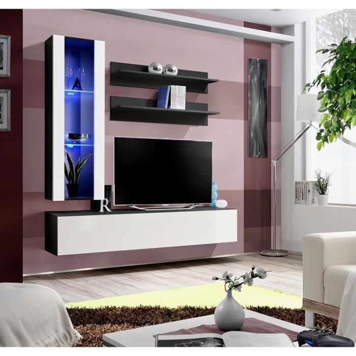 Meuble TV FLY H2 design, coloris noir et blanc brillant. Meuble suspendu moderne et tendance pour votre salon.