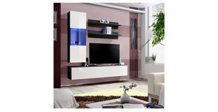 Meuble TV FLY H3 design, coloris noir et blanc brillant. Meuble suspendu moderne et tendance pour votre salon.