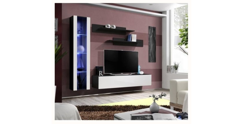 Meuble TV FLY G2 design, coloris noir et blanc brillant. Meuble suspendu moderne et tendance pour votre salon.
