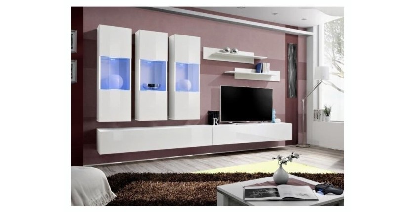 Meuble TV FLY E2 design, coloris blanc brillant. Meuble suspendu moderne et tendance pour votre salon.