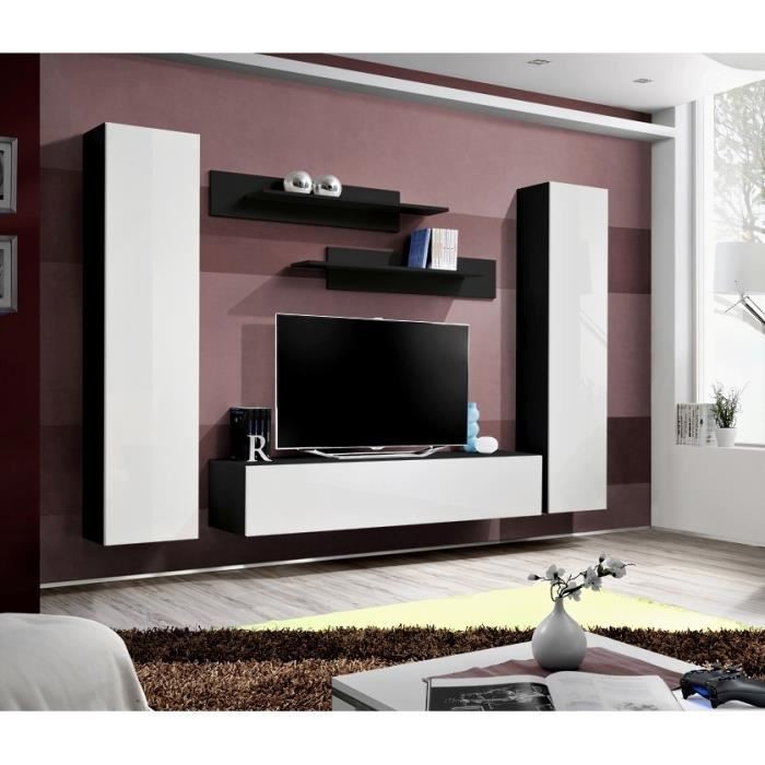 Meuble TV FLY A1 design, coloris noir et blanc brillant. Meuble suspendu moderne et tendance pour votre salon.