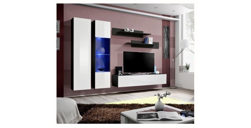 Meuble TV FLY A5 design, coloris noir et blanc brillant + LED. Meuble suspendu moderne et tendance pour votre salon.