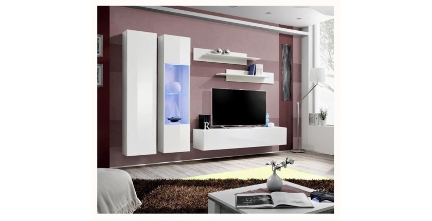 Meuble TV FLY A5 design, coloris blanc brillant + LED. Meuble suspendu moderne et tendance pour votre salon.