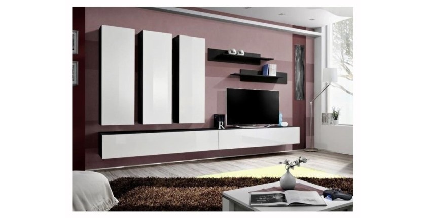 Meuble TV FLY E1 design, coloris noir et blanc brillant. Meuble suspendu moderne et tendance pour votre salon.