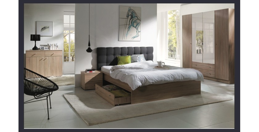 Chambre à coucher complète MAXIM. Lit adulte 160x200 cm + tiroir + sommier + chevets + commode + armoire\garde robe