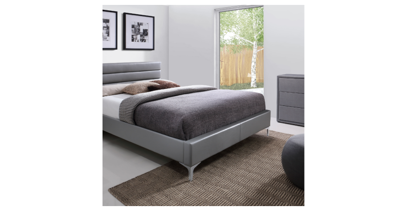 Lit THOMAS 160x200 cm en simili cuir, coloris gris, sommier inclus