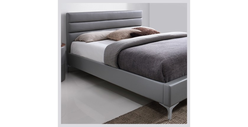 Lit THOMAS 160x200 cm en simili cuir, coloris gris, sommier inclus