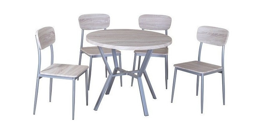 Ensemble table et 4 chaises collection ROUBAIX. Set de cuisine composé d'une table ronde + 4 chaises.