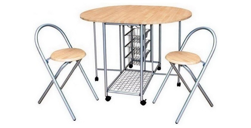 Ensemble pliable table ronde et deux chaises. Collection BETA. Idéal pour les petits espaces.