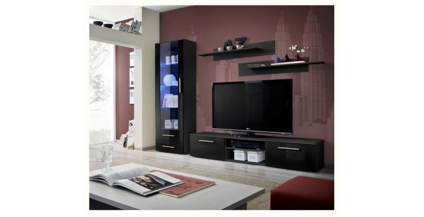 Ensemble Meuble TV GALINO A design, coloris noir brillant. Meuble moderne et tendance pour votre salon.