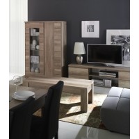 Ensemble ROMI pour salon coloris chêne dab canyon. Vitrine, meuble tv, table basse.