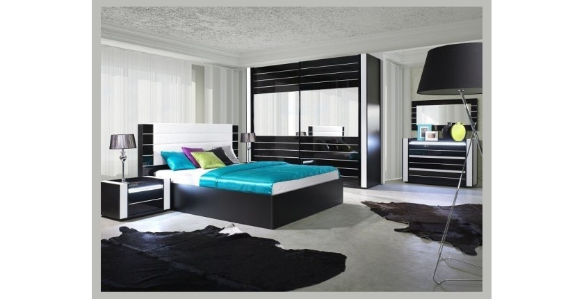 Ensemble design pour chambre à coucher LINA noir. Lit + 2 chevets avec LED + commode avec LED