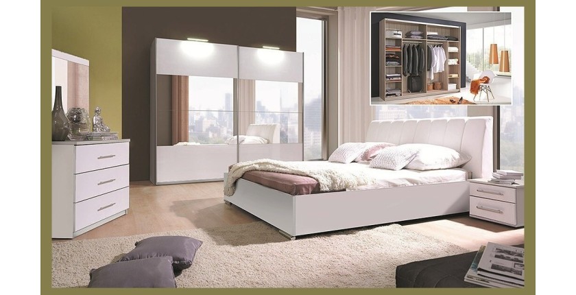 Ensemble blanc brillant lit design en simili cuir et 2 chevets VERONA. Meuble design pour chambre à coucher