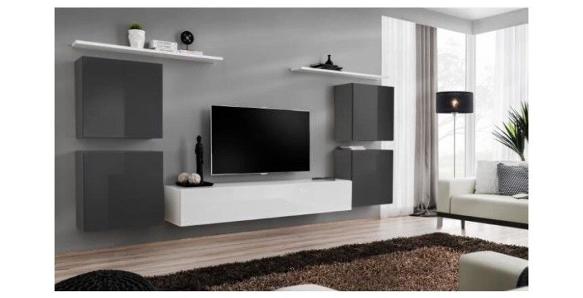 Ensemble meuble salon SWITCH IV design, coloris blanc et gris brillant.