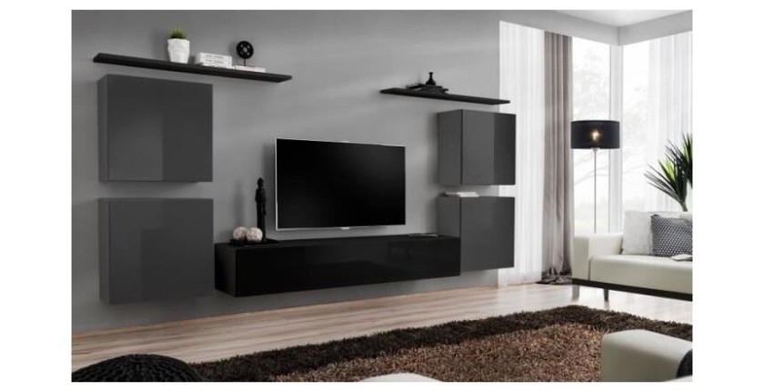 Ensemble meuble salon SWITCH IV design, coloris noir et gris brillant.