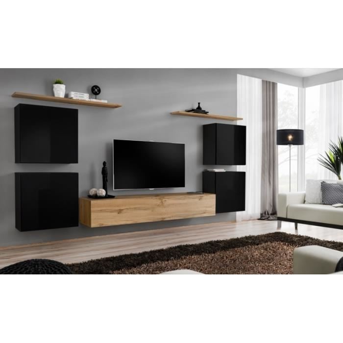 Ensemble meuble salon SWITCH IV design, coloris chêne Wotan et noir brillant .