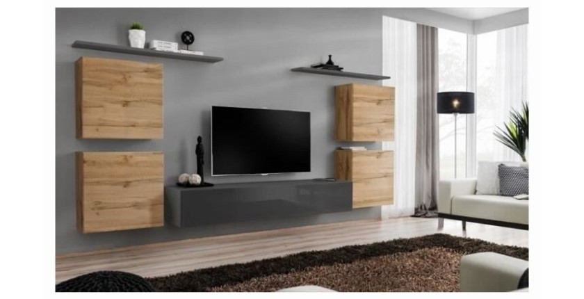 Ensemble meuble salon SWITCH IV design, coloris gris brillant et chêne Wotan.