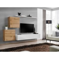 Ensemble meuble salon SWITCH V design, coloris blanc brillant et chêne Wotan.