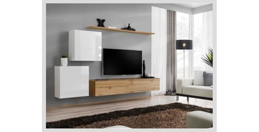 Ensemble meuble salon SWITCH V design, coloris chêne Wotan et blanc brillant.