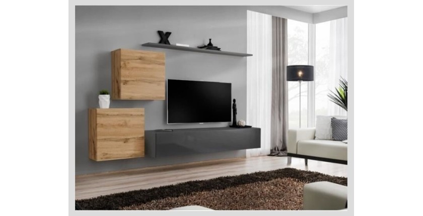 Ensemble meuble salon SWITCH V design, coloris gris brillant et chêne Wotan.