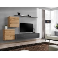 Ensemble meuble salon SWITCH V design, coloris gris brillant et chêne Wotan.