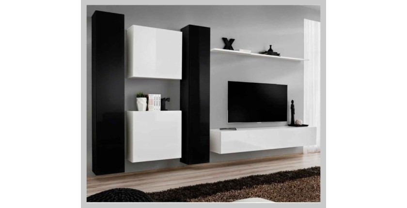 Ensemble meuble salon SWITCH VI design, coloris blanc et noir brillant.